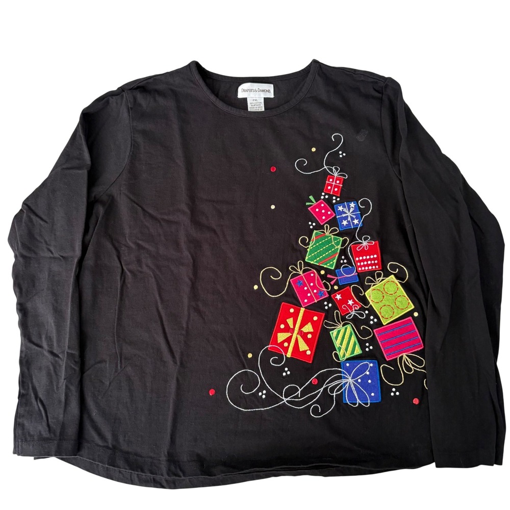 Drapers & Damons Christmas Tree Gift Box Embroidered Top Black PXL Cotton